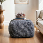 Pouf rond en laine et coton crème/gris/bleu sarcelle, 61 cm (L) x 41 cm (H), 1 personne, capacité de 113 kg