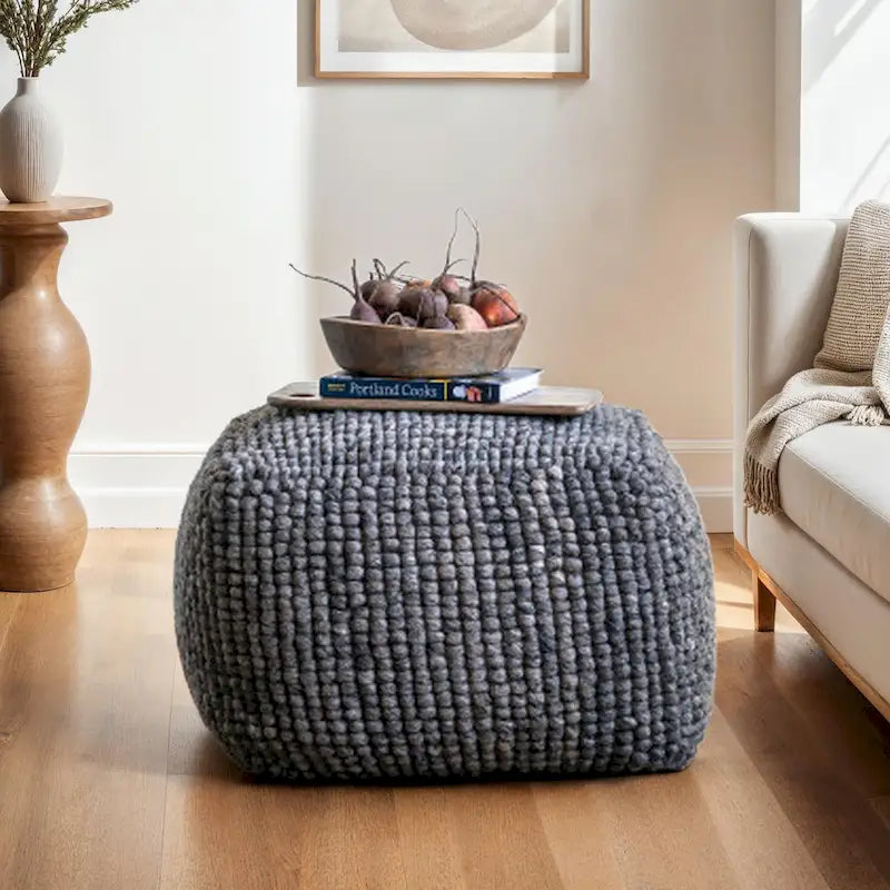 Pouf rond en laine et coton crème/gris/bleu sarcelle, 61 cm (L) x 41 cm (H), 1 personne, capacité de 113 kg