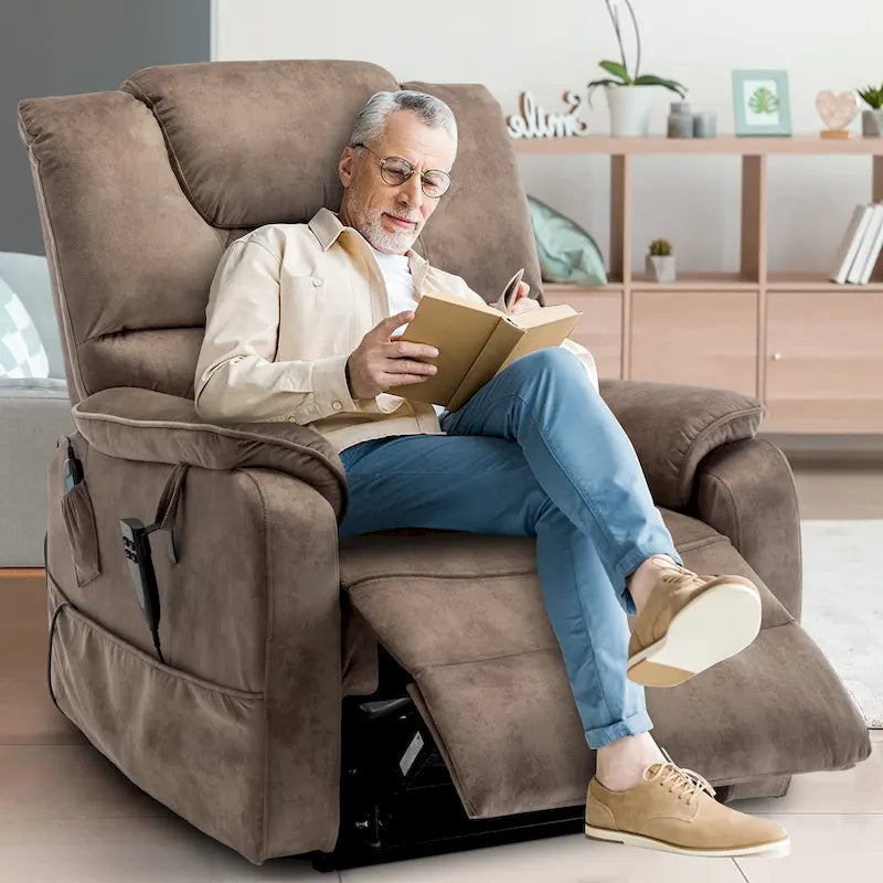 Fauteuil inclinable électrique double moteur, marron/jaune/noir, chauffant et massant, 180°, 1 place