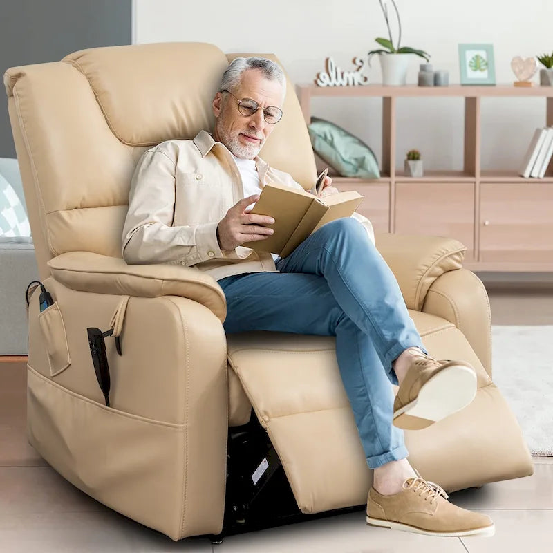 Fauteuil inclinable électrique double moteur, marron/jaune/noir, chauffant et massant, 180°, 1 place