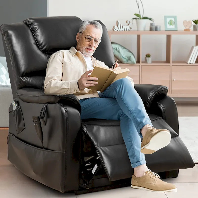 Fauteuil inclinable électrique double moteur, marron/jaune/noir, chauffant et massant, 180°, 1 place