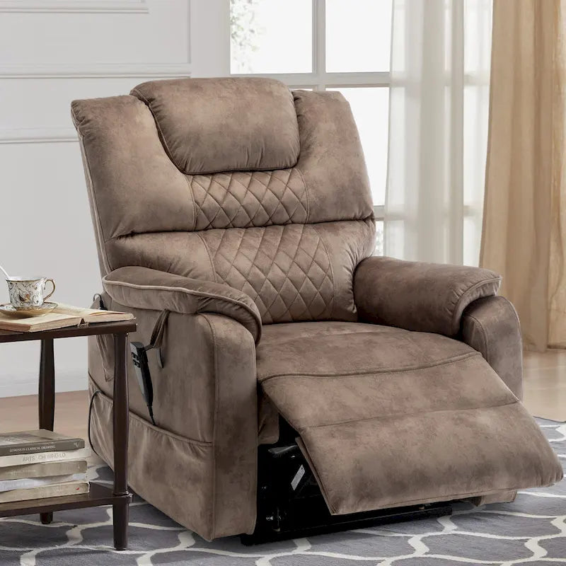 Fauteuil inclinable électrique double moteur, marron/jaune/noir, chauffant et massant, 180°, 1 place