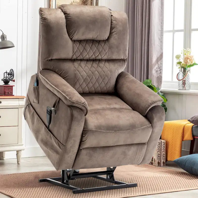 Fauteuil inclinable électrique double moteur, marron/jaune/noir, chauffant et massant, 180°, 1 place