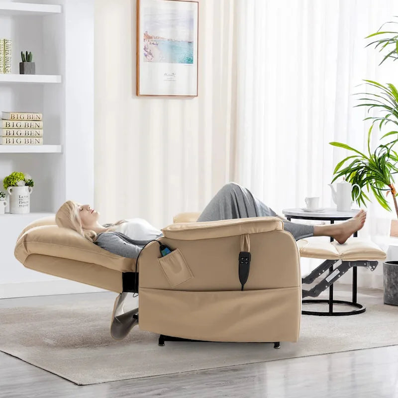 Fauteuil inclinable électrique double moteur, marron/jaune/noir, chauffant et massant, 180°, 1 place