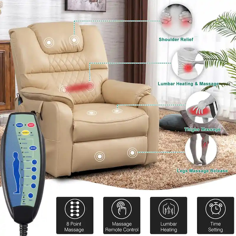 Fauteuil inclinable électrique double moteur, marron/jaune/noir, chauffant et massant, 180°, 1 place