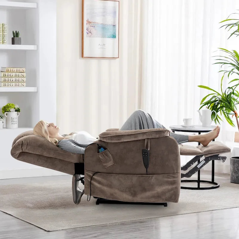 Fauteuil inclinable électrique double moteur, marron/jaune/noir, chauffant et massant, 180°, 1 place