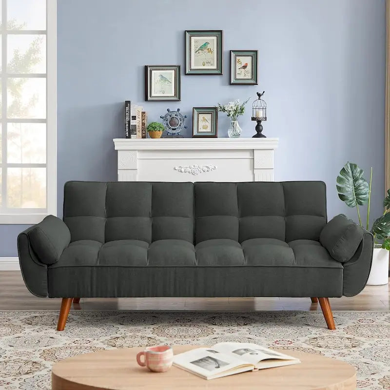 Canapé futon en velours, causeuse futon convertible avec dossier réglable et pieds coniques en bois pour salon, chambre à coucher