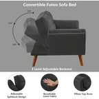 Canapé futon en velours, causeuse futon convertible avec dossier réglable et pieds coniques en bois pour salon, chambre à coucher