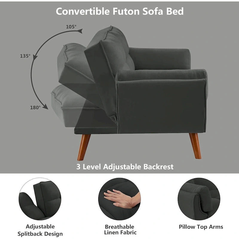 Canapé futon en velours, causeuse futon convertible avec dossier réglable et pieds coniques en bois pour salon, chambre à coucher