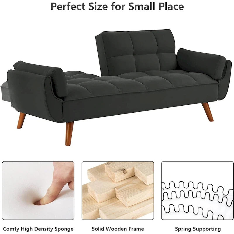 Canapé futon en velours, causeuse futon convertible avec dossier réglable et pieds coniques en bois pour salon, chambre à coucher