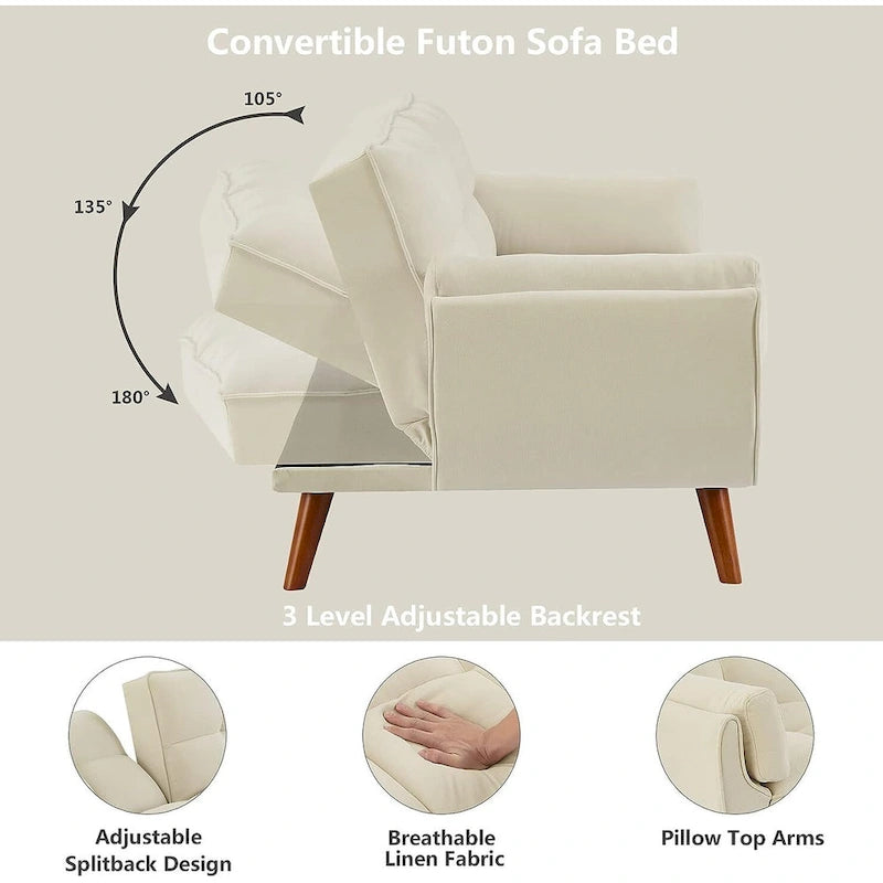 Canapé futon en velours, causeuse futon convertible avec dossier réglable et pieds coniques en bois pour salon, chambre à coucher