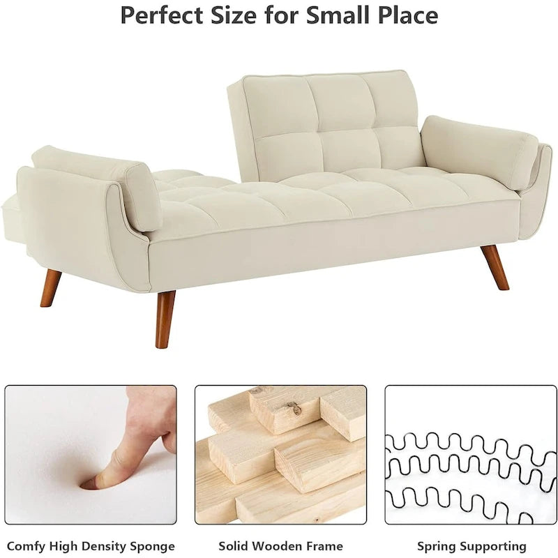 Canapé futon en velours, causeuse futon convertible avec dossier réglable et pieds coniques en bois pour salon, chambre à coucher