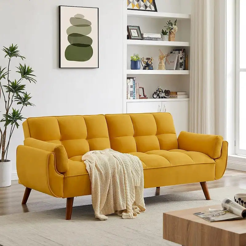 Canapé futon en velours, causeuse futon convertible avec dossier réglable et pieds coniques en bois pour salon, chambre à coucher
