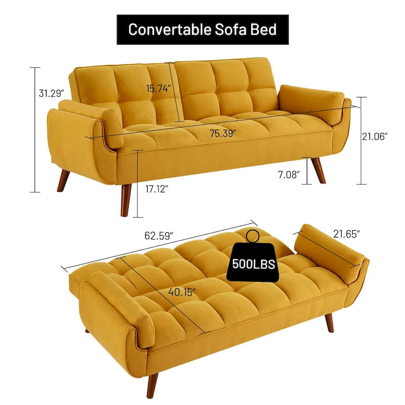 Canapé futon en velours, causeuse futon convertible avec dossier réglable et pieds coniques en bois pour salon, chambre à coucher