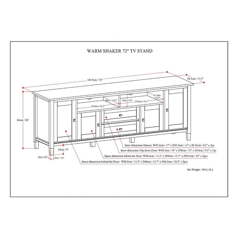 Meuble TV/Média WYNDENHALL Norfolk en BOIS MASSIF de 72 pouces de large pour téléviseurs jusqu'à 80 pouces - 72 L x 17,5 P x 26 H