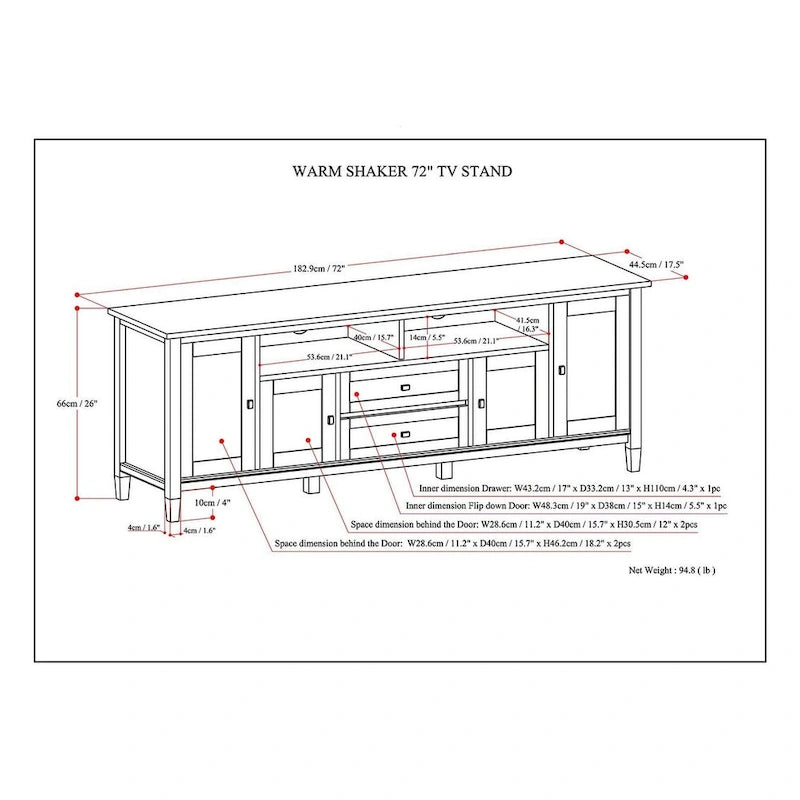 Meuble TV/Média WYNDENHALL Norfolk en BOIS MASSIF de 72 pouces de large pour téléviseurs jusqu'à 80 pouces - 72 L x 17,5 P x 26 H