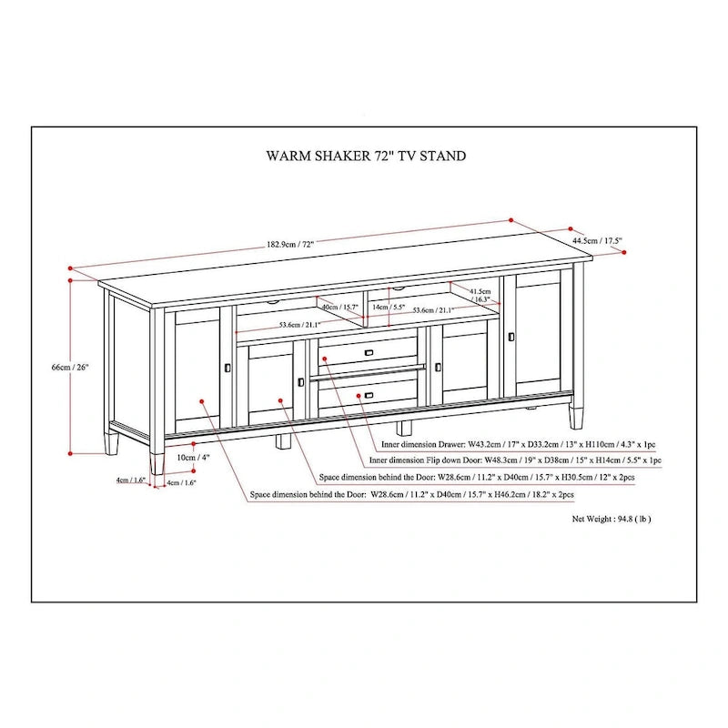 Meuble TV/Média WYNDENHALL Norfolk en BOIS MASSIF de 72 pouces de large pour téléviseurs jusqu'à 80 pouces - 72 L x 17,5 P x 26 H