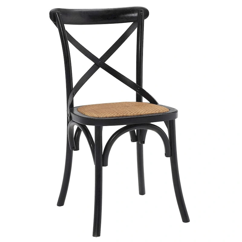 Chaise de salle à manger, dossier croisé, assise en rotin naturel, structure en bois d'orme, pieds à embouts, 1 place, blanc/noir et port