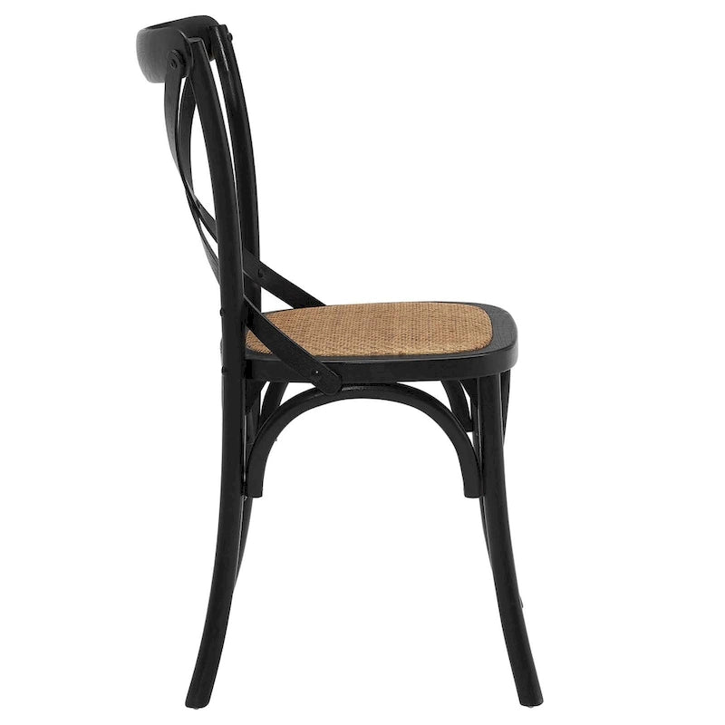 Chaise de salle à manger, dossier croisé, assise en rotin naturel, structure en bois d'orme, pieds à embouts, 1 place, blanc/noir et port