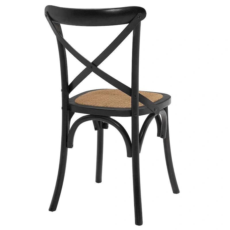 Chaise de salle à manger, dossier croisé, assise en rotin naturel, structure en bois d'orme, pieds à embouts, 1 place, blanc/noir et port