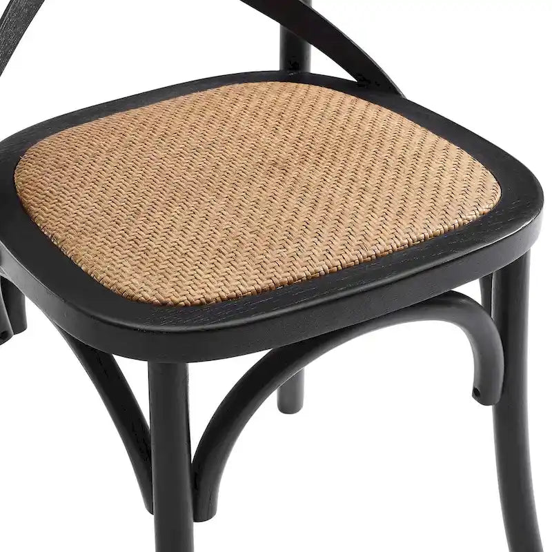 Chaise de salle à manger, dossier croisé, assise en rotin naturel, structure en bois d'orme, pieds à embouts, 1 place, blanc/noir et port