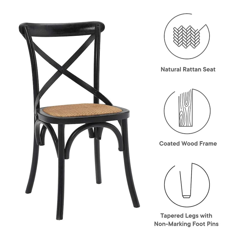 Chaise de salle à manger, dossier croisé, assise en rotin naturel, structure en bois d'orme, pieds à embouts, 1 place, blanc/noir et port