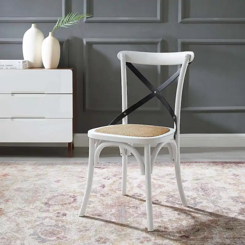Chaise de salle à manger, dossier croisé, assise en rotin naturel, structure en bois d'orme, pieds à embouts, 1 place, blanc/noir et port