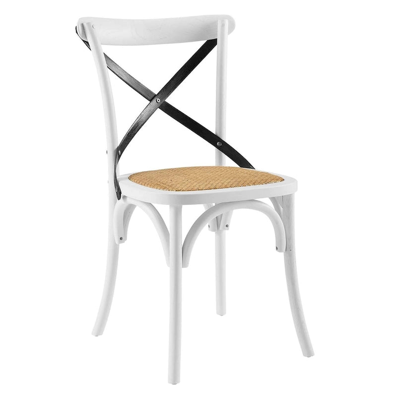 Chaise de salle à manger, dossier croisé, assise en rotin naturel, structure en bois d'orme, pieds à embouts, 1 place, blanc/noir et port