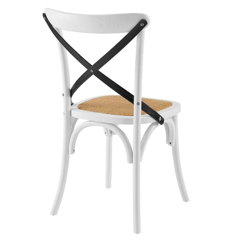 Chaise de salle à manger, dossier croisé, assise en rotin naturel, structure en bois d'orme, pieds à embouts, 1 place, blanc/noir et port