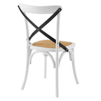 Chaise de salle à manger, dossier croisé, assise en rotin naturel, structure en bois d'orme, pieds à embouts, 1 place, blanc/noir et port