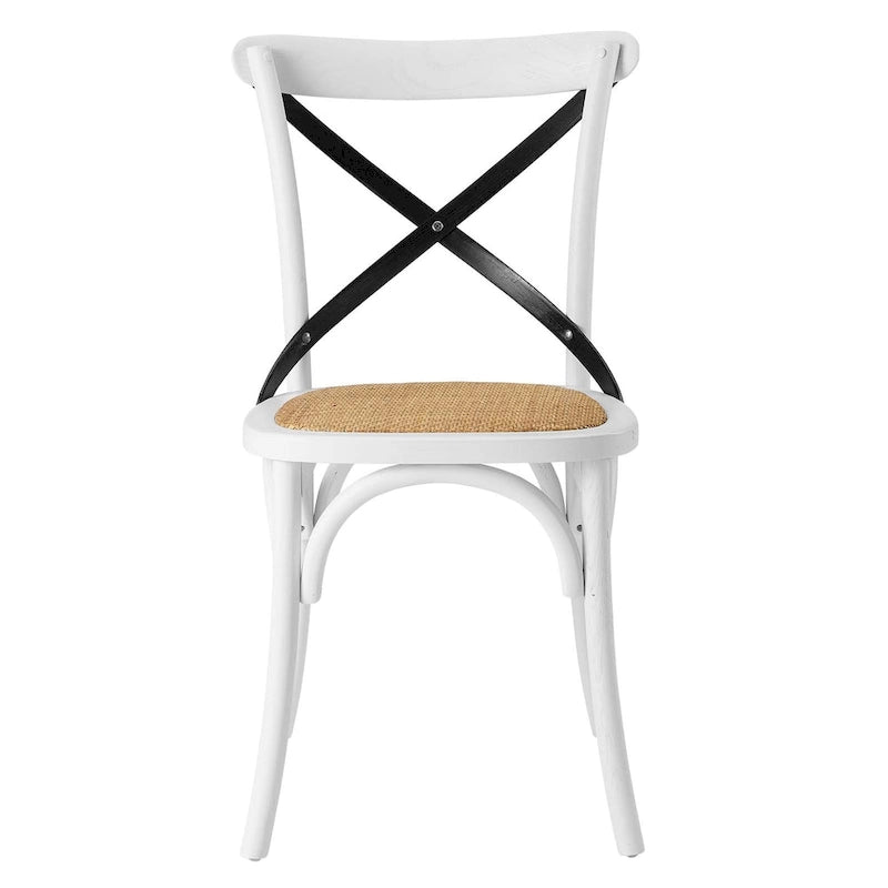 Chaise de salle à manger, dossier croisé, assise en rotin naturel, structure en bois d'orme, pieds à embouts, 1 place, blanc/noir et port