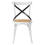 Chaise de salle à manger, dossier croisé, assise en rotin naturel, structure en bois d'orme, pieds à embouts, 1 place, blanc/noir et port