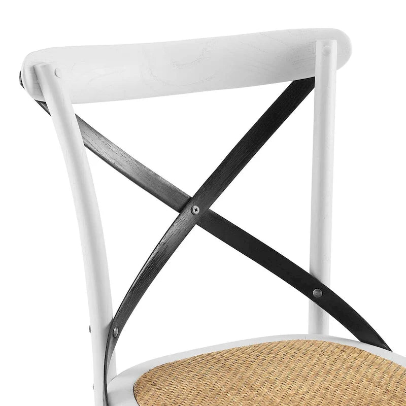 Chaise de salle à manger, dossier croisé, assise en rotin naturel, structure en bois d'orme, pieds à embouts, 1 place, blanc/noir et port