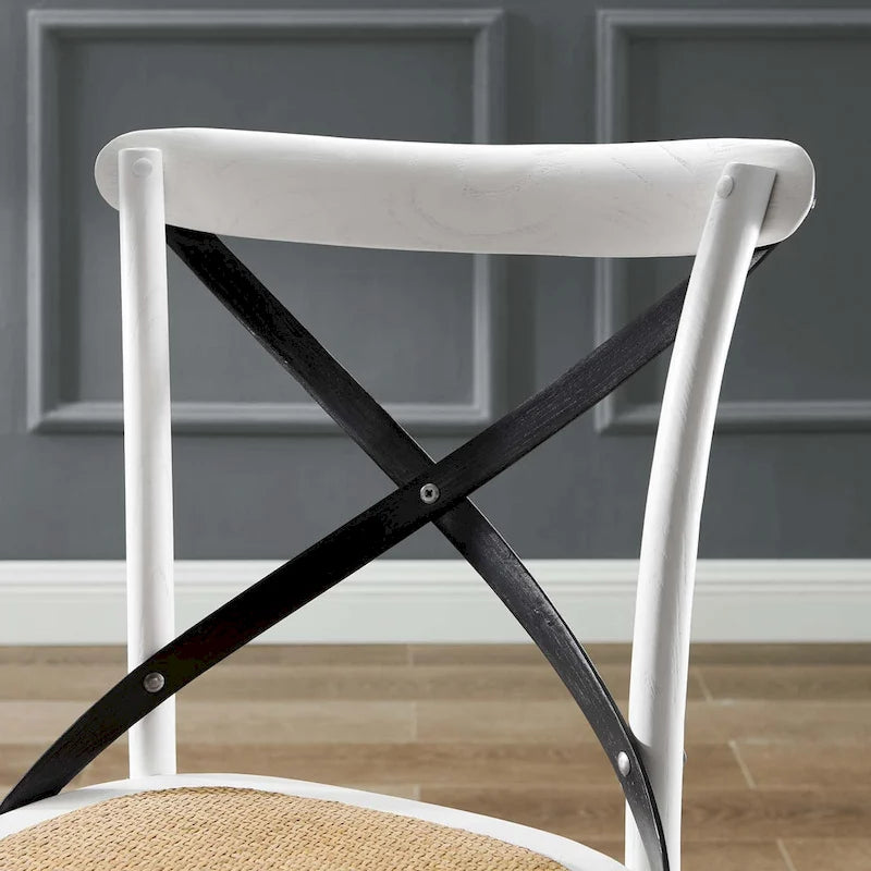 Chaise de salle à manger, dossier croisé, assise en rotin naturel, structure en bois d'orme, pieds à embouts, 1 place, blanc/noir et port