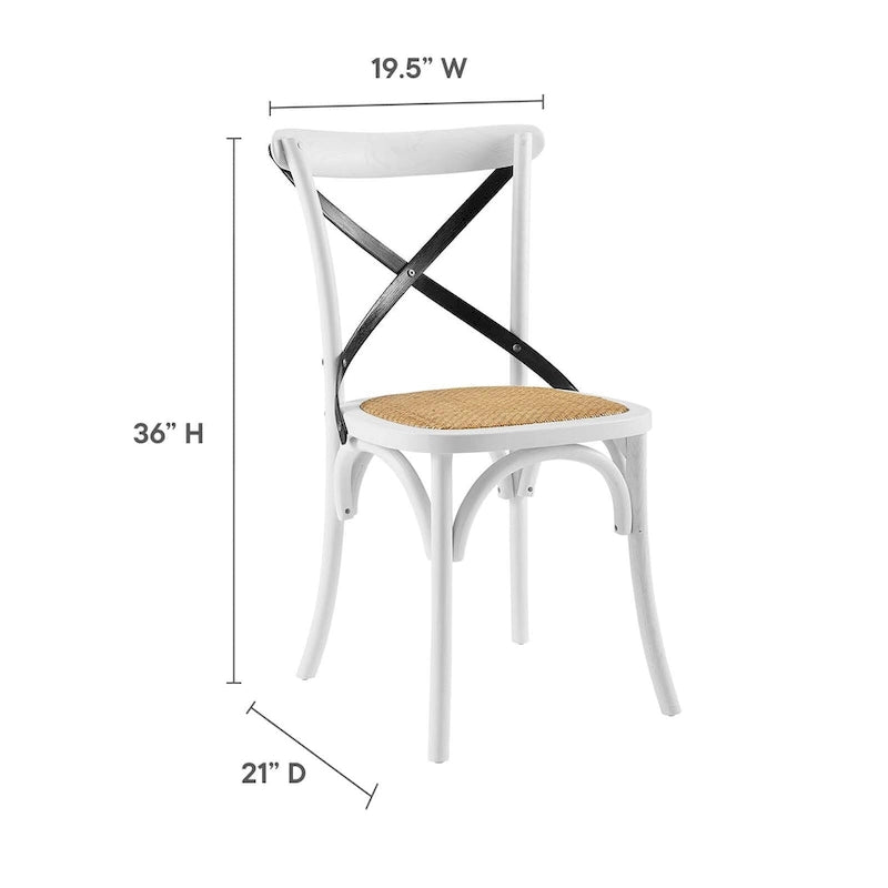 Chaise de salle à manger, dossier croisé, assise en rotin naturel, structure en bois d'orme, pieds à embouts, 1 place, blanc/noir et port