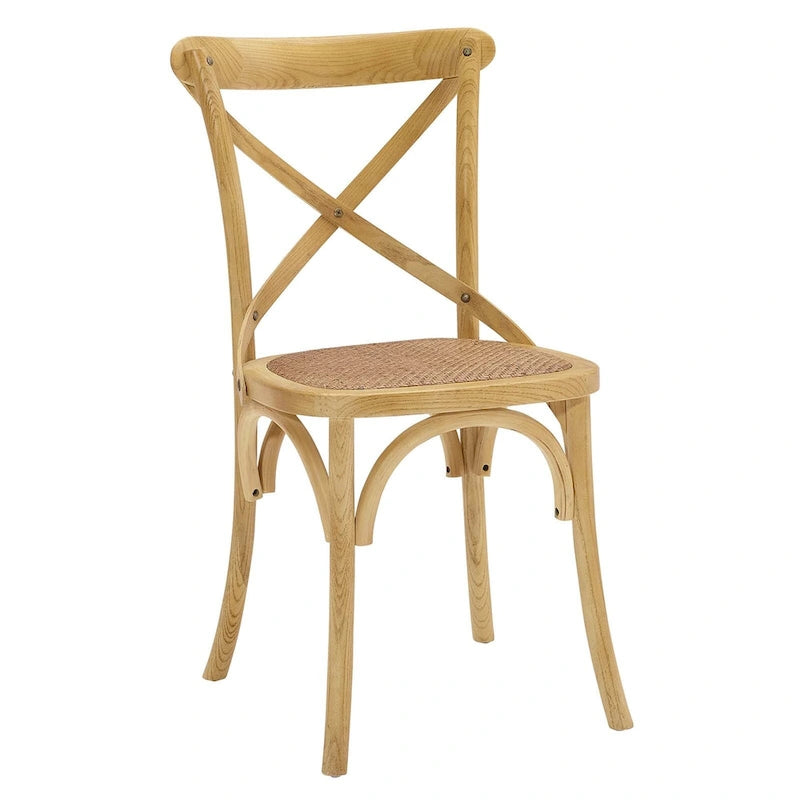 Chaise de salle à manger, dossier croisé, assise en rotin naturel, structure en bois d'orme, pieds à embouts, 1 place, blanc/noir et port