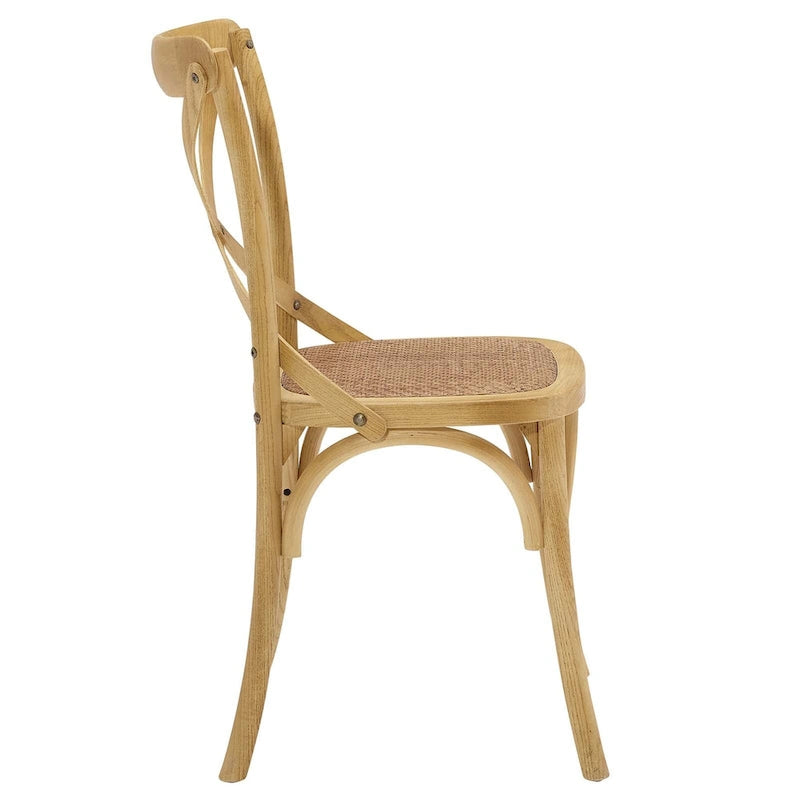 Chaise de salle à manger, dossier croisé, assise en rotin naturel, structure en bois d'orme, pieds à embouts, 1 place, blanc/noir et port