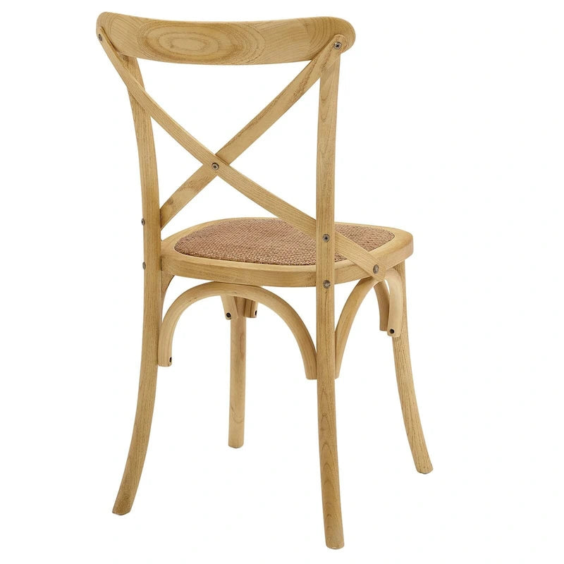 Chaise de salle à manger, dossier croisé, assise en rotin naturel, structure en bois d'orme, pieds à embouts, 1 place, blanc/noir et port