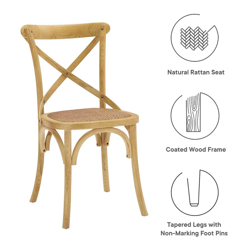 Chaise de salle à manger, dossier croisé, assise en rotin naturel, structure en bois d'orme, pieds à embouts, 1 place, blanc/noir et port