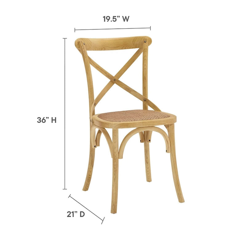 Chaise de salle à manger, dossier croisé, assise en rotin naturel, structure en bois d'orme, pieds à embouts, 1 place, blanc/noir et port