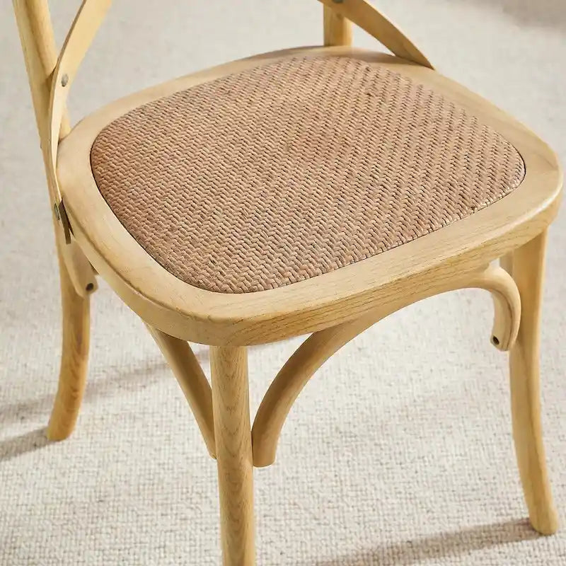 Chaise de salle à manger, dossier croisé, assise en rotin naturel, structure en bois d'orme, pieds à embouts, 1 place, blanc/noir et port