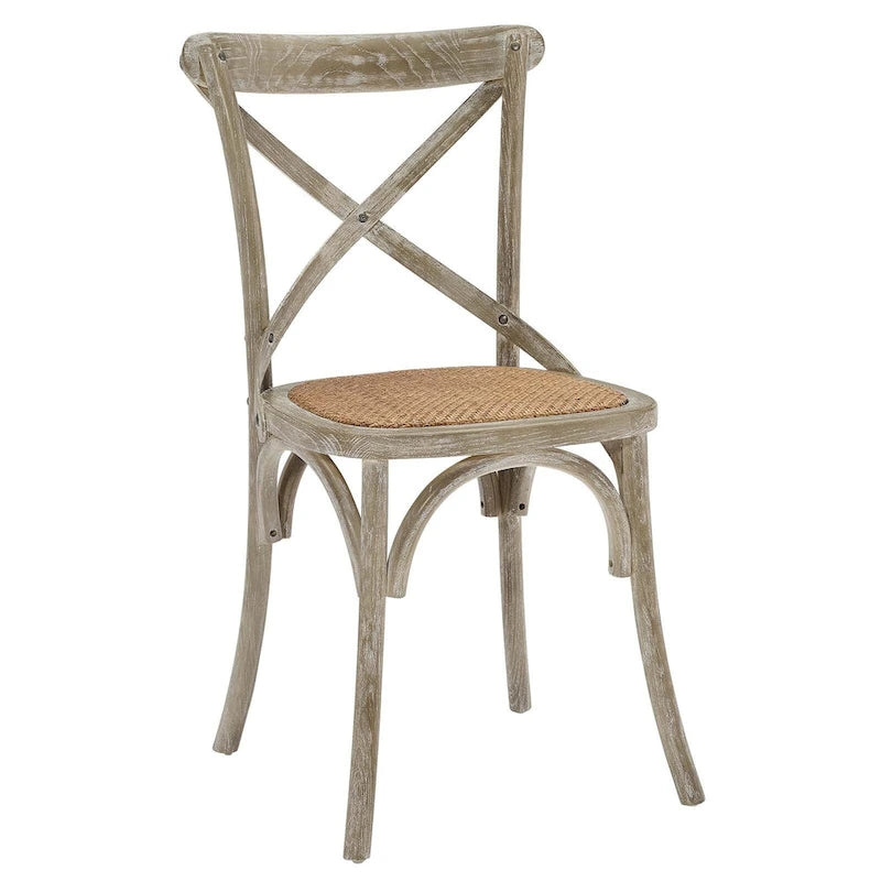 Chaise de salle à manger, dossier croisé, assise en rotin naturel, structure en bois d'orme, pieds à embouts, 1 place, blanc/noir et port