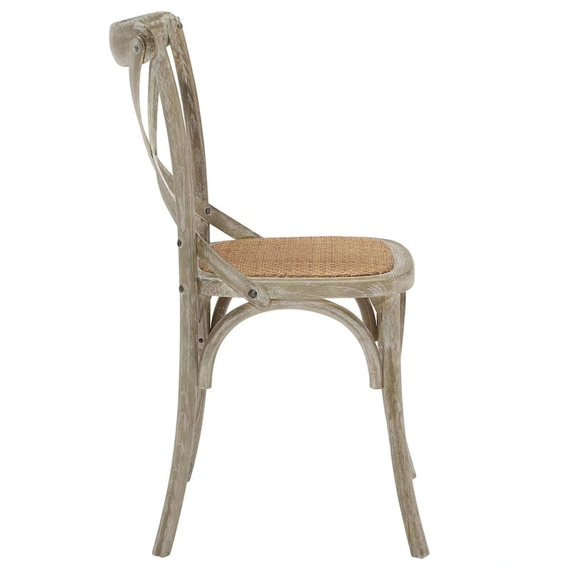 Chaise de salle à manger, dossier croisé, assise en rotin naturel, structure en bois d'orme, pieds à embouts, 1 place, blanc/noir et port