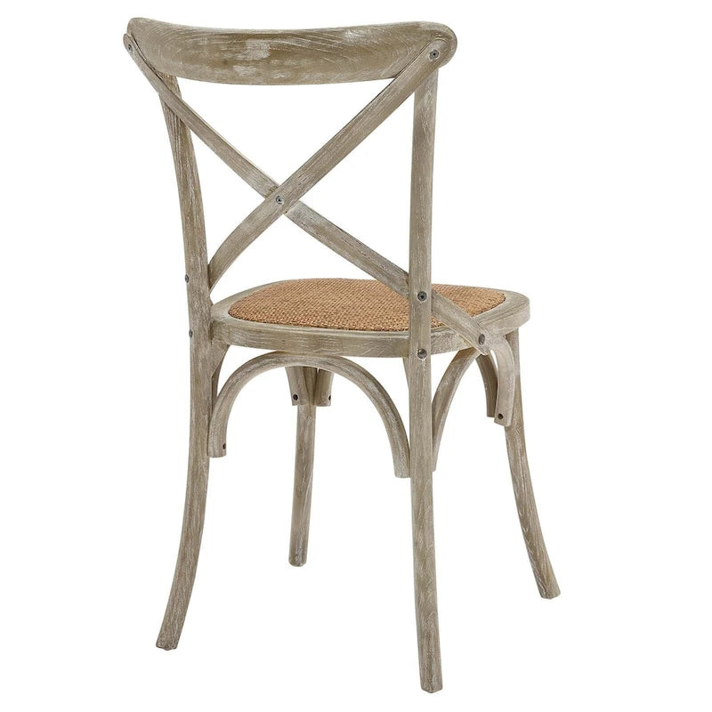 Chaise de salle à manger, dossier croisé, assise en rotin naturel, structure en bois d'orme, pieds à embouts, 1 place, blanc/noir et port