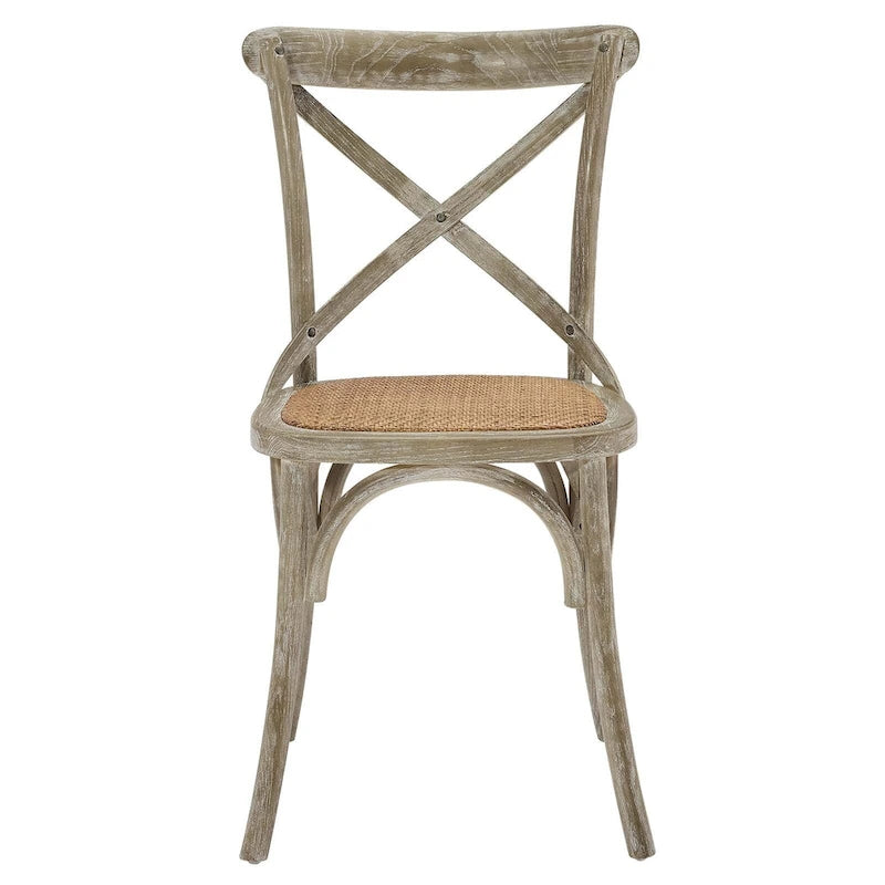 Chaise de salle à manger, dossier croisé, assise en rotin naturel, structure en bois d'orme, pieds à embouts, 1 place, blanc/noir et port