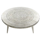 Table Basse en Métal d'Aluminium Gravée Florale avec Pieds Trépied - Argent - 35Lx35Px16H