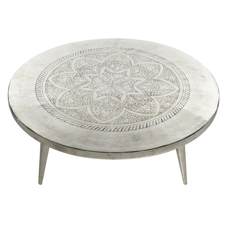 Table Basse en Métal d'Aluminium Gravée Florale avec Pieds Trépied - Argent - 35Lx35Px16H