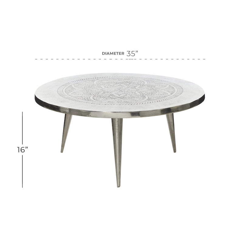 Table Basse en Métal d'Aluminium Gravée Florale avec Pieds Trépied - Argent - 35Lx35Px16H