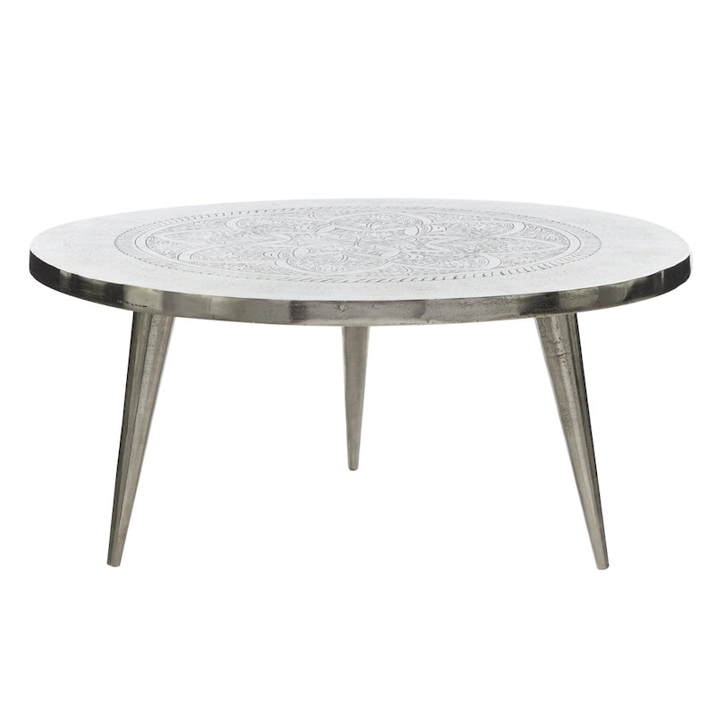 Table Basse en Métal d'Aluminium Gravée Florale avec Pieds Trépied - Argent - 35Lx35Px16H
