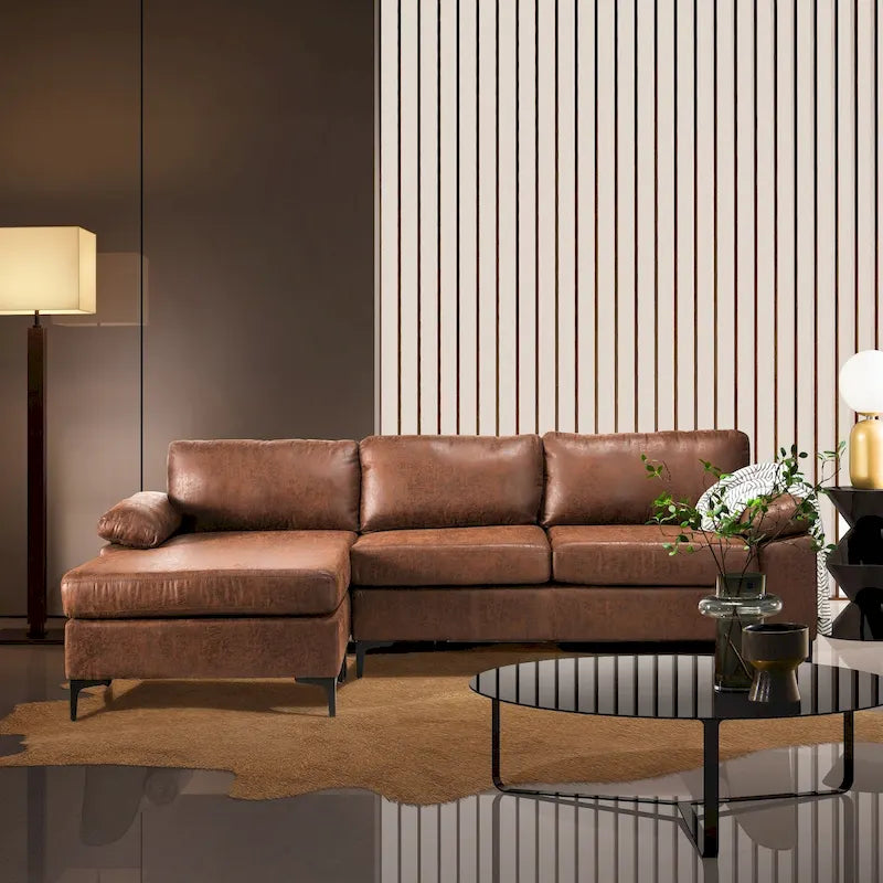 Canapé réversible avec méridienne, tissu suédine, pieds en métal, ressorts hélicoïdaux, marron clair/marron/gris/bleu/beige
